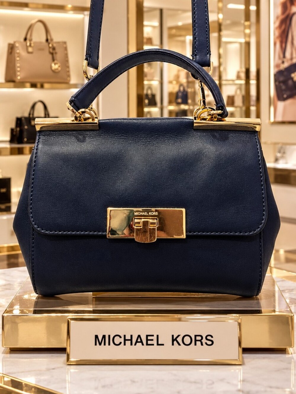 Michael Kors Navy Blue Leather Top-Handle Crossbody Bag